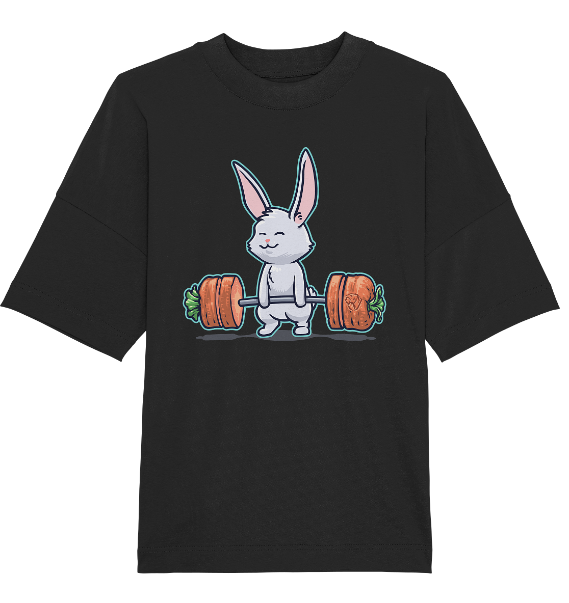 Animal T-Shirts – Cute Cartoon Bunny Lifting Carrots Black Animal T-Shirts – Cute Cartoon Bunny Lifting Carrots Black