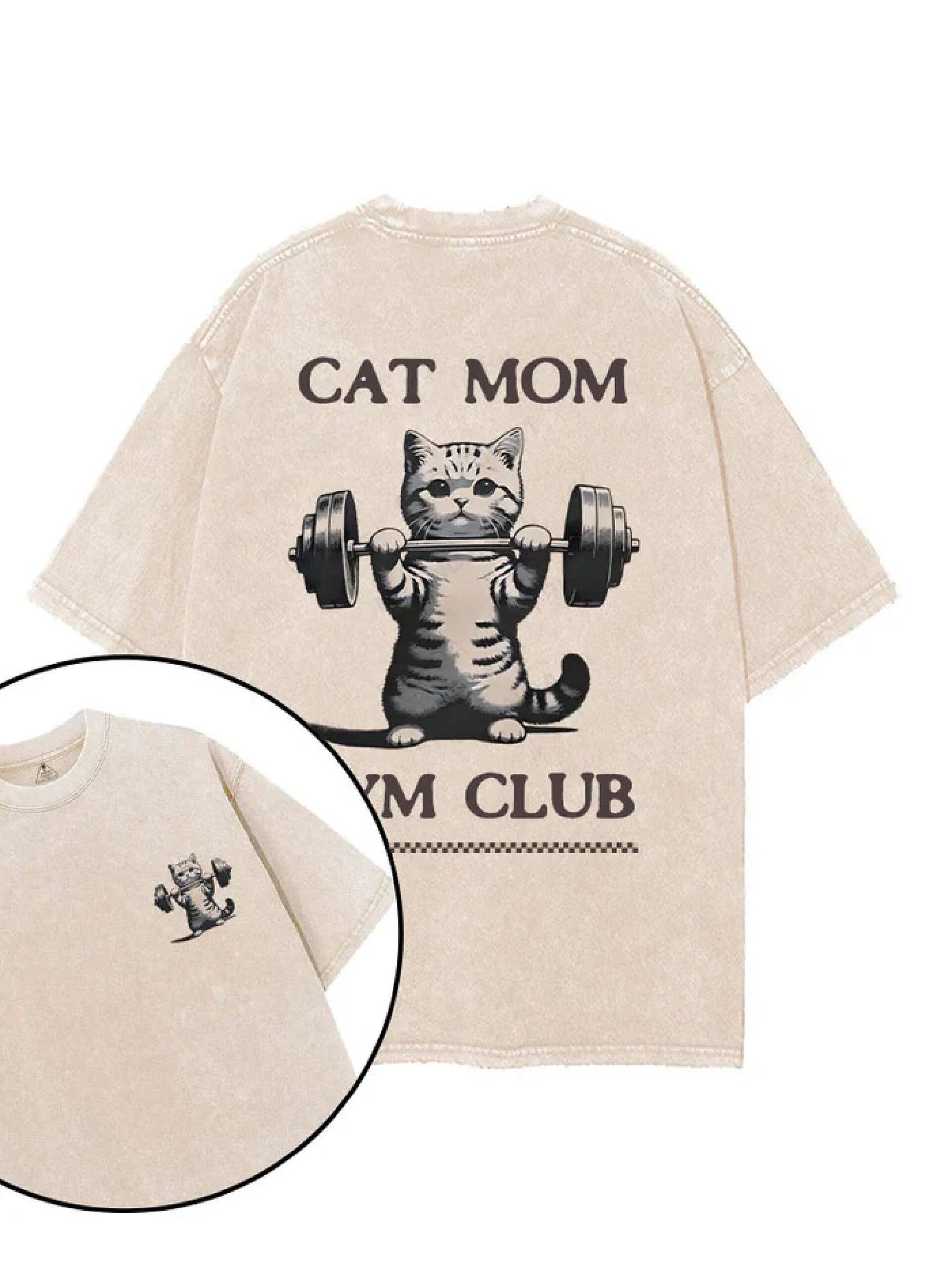 Animal T-Shirts – Playful Cartoon Cat Lifting Weights Beige Animal T-Shirts – Playful Cartoon Cat Lifting Weights Beige