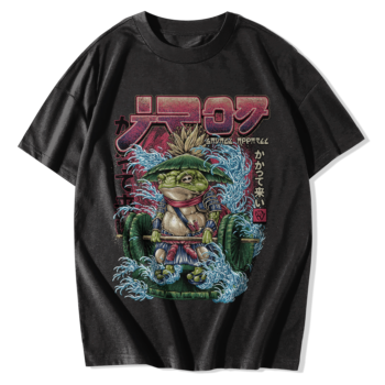 Animal T-Shirts – Samurai Frog Illustration With Waves Black