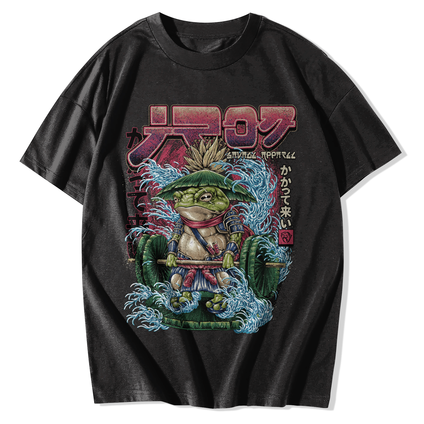Animal T-Shirts – Samurai Frog Illustration With Waves Black Animal T-Shirts – Samurai Frog Illustration With Waves Black
