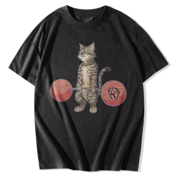 Animal T-Shirts – Whimsical Cat Weightlifting Illustration Black