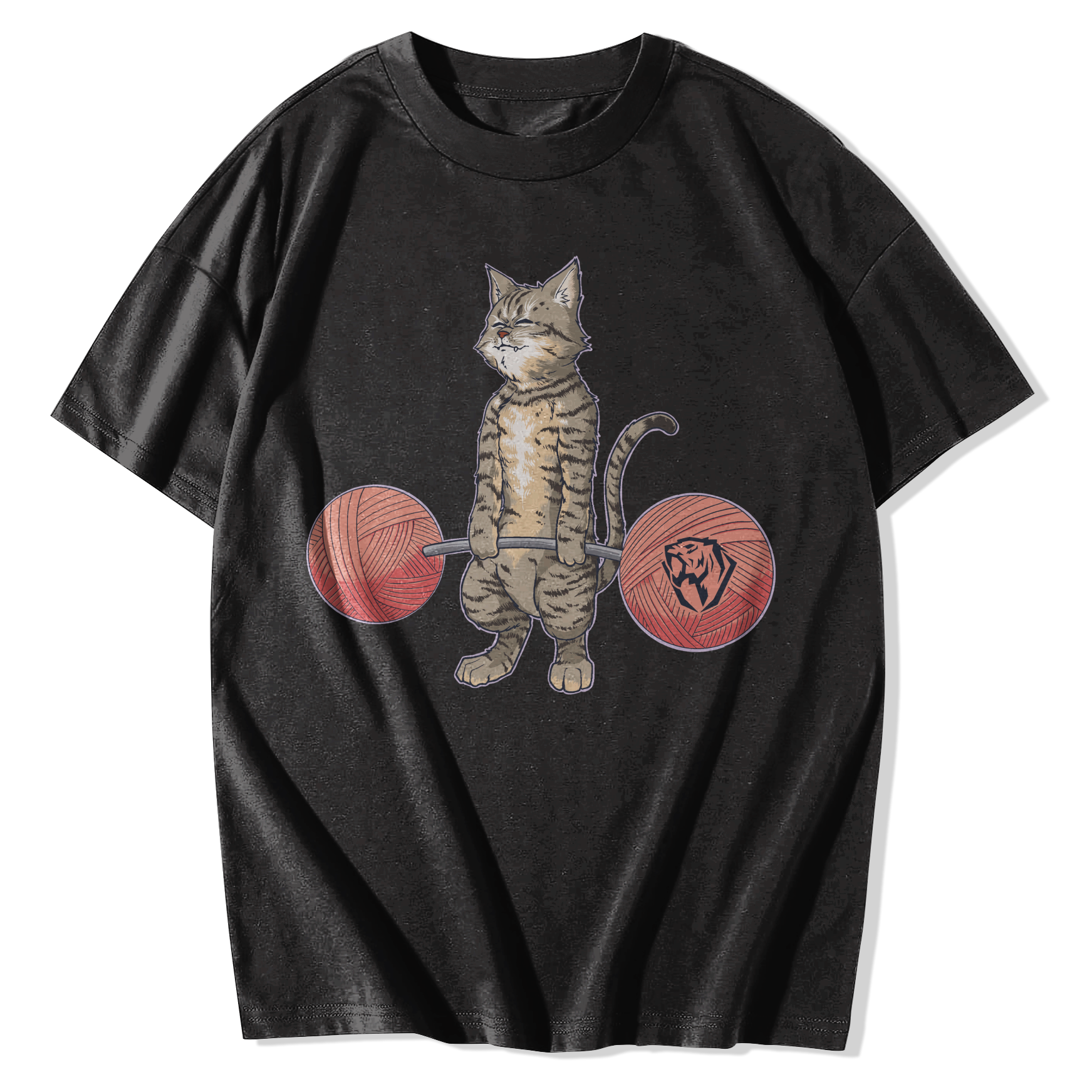 Animal T-Shirts – Whimsical Cat Weightlifting Illustration Black Animal T-Shirts – Whimsical Cat Weightlifting Illustration Black