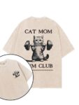 Animal T-Shirts – Playful Cartoon Cat Lifting Weights Beige