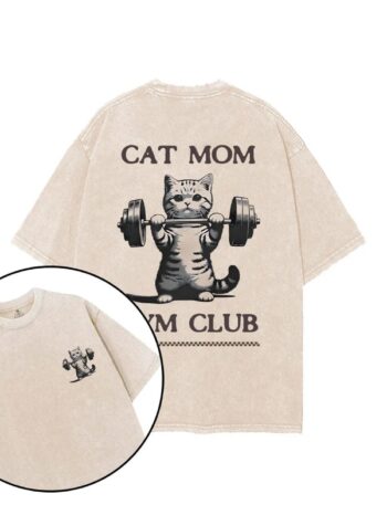 Animal T-Shirts – Playful Cartoon Cat Lifting Weights Beige