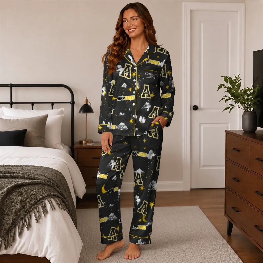 Appalachian State Mountaineers Long Pajama Set Custom Cloud Stars Black High Quality Appalachian State Mountaineers Long Pajama Set Custom Cloud Stars Black High Quality