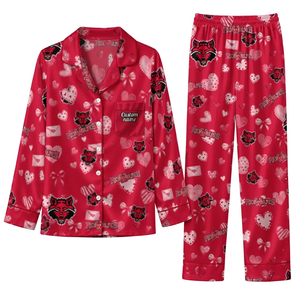 Arkansas State Red Wolves Long Pajama Set Personalized Heart Charms Scarlet Best Selling Arkansas State Red Wolves Long Pajama Set Personalized Heart Charms Scarlet Best Selling