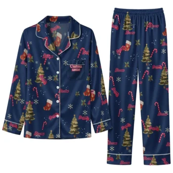 Atlanta Braves Long Pajama Set Custom Sprig Scatter Navy Best Selling
