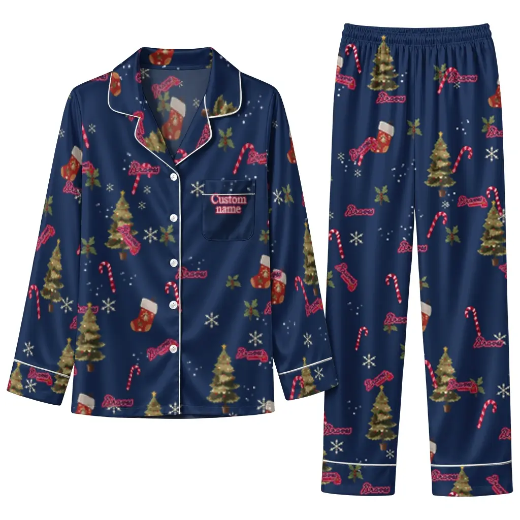 Atlanta Braves Long Pajama Set Custom Sprig Scatter Navy Best Selling Atlanta Braves Long Pajama Set Custom Sprig Scatter Navy Best Selling