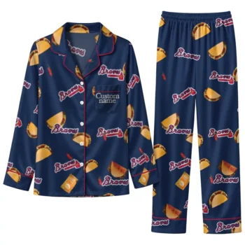 Atlanta Braves Long Pajama Set Personalized Snack Scatter Navy Best Selling