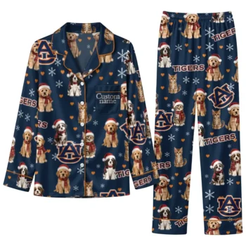 Auburn Tigers Long Pajama Set Personalized Animal Scatter Navy Blue Best Selling