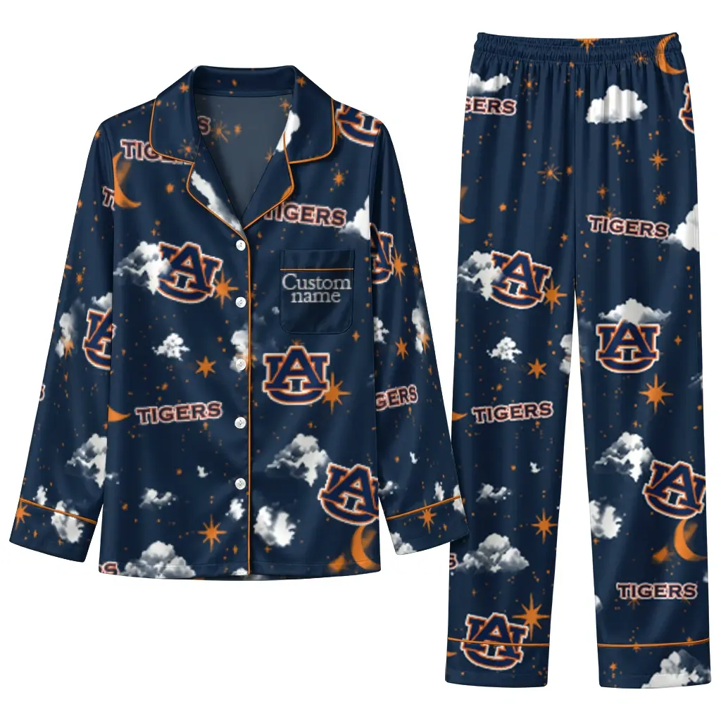 Auburn Tigers Long Pajama Set Personalized Cloud Stars Navy Blue Best Selling Auburn Tigers Long Pajama Set Personalized Cloud Stars Navy Blue Best Selling