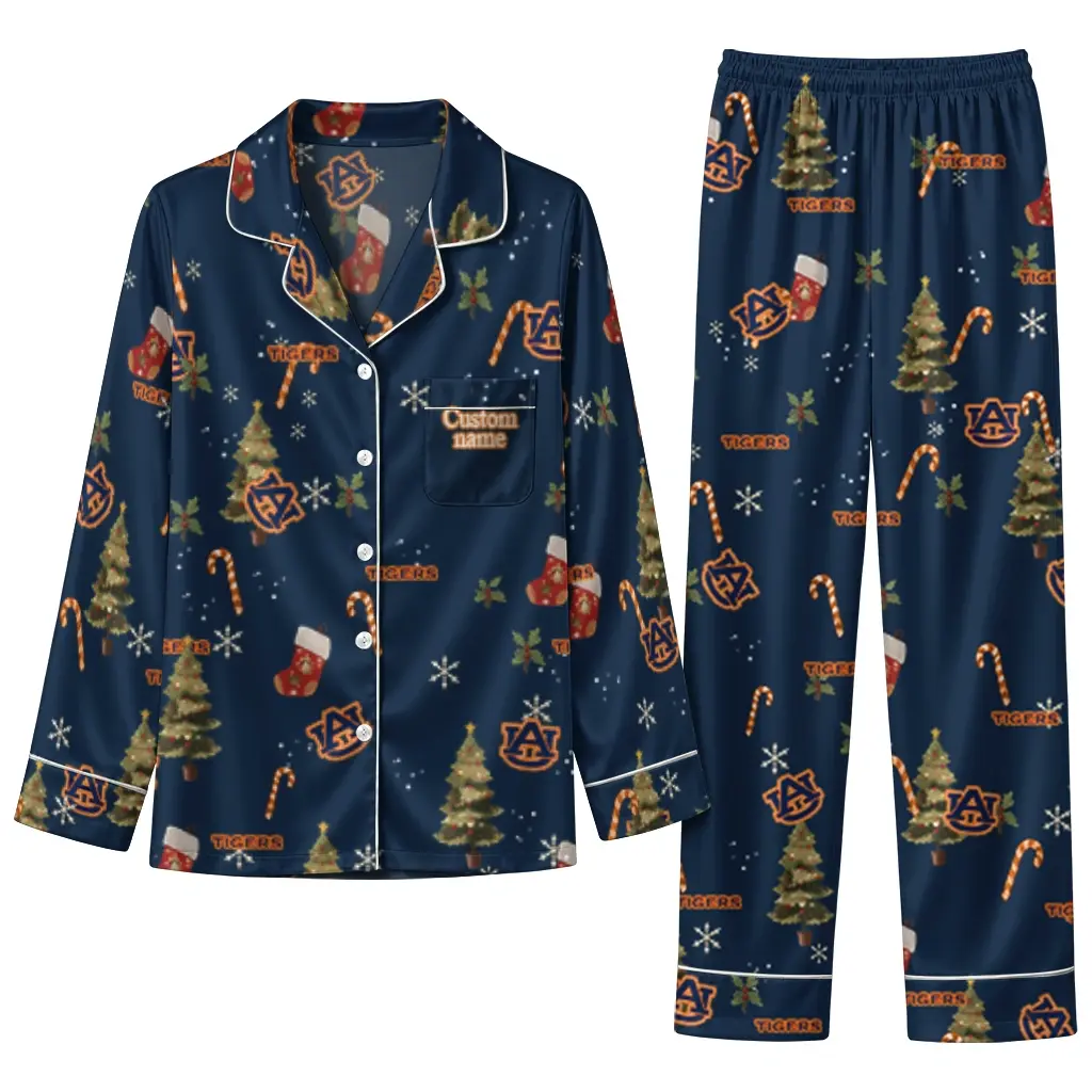 Auburn Tigers Long Pajama Set Personalized Sprig Scatter Navy Blue Best Selling Auburn Tigers Long Pajama Set Personalized Sprig Scatter Navy Blue Best Selling