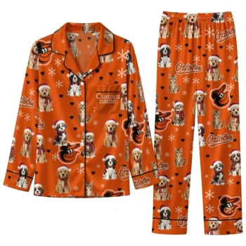 Baltimore Orioles Long Pajama Set Personalized Animal Scatter Orange Best Selling