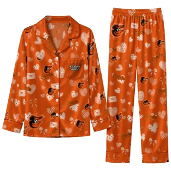 baltimore orioles long pajama set personalized heart charms orange best selling.webp