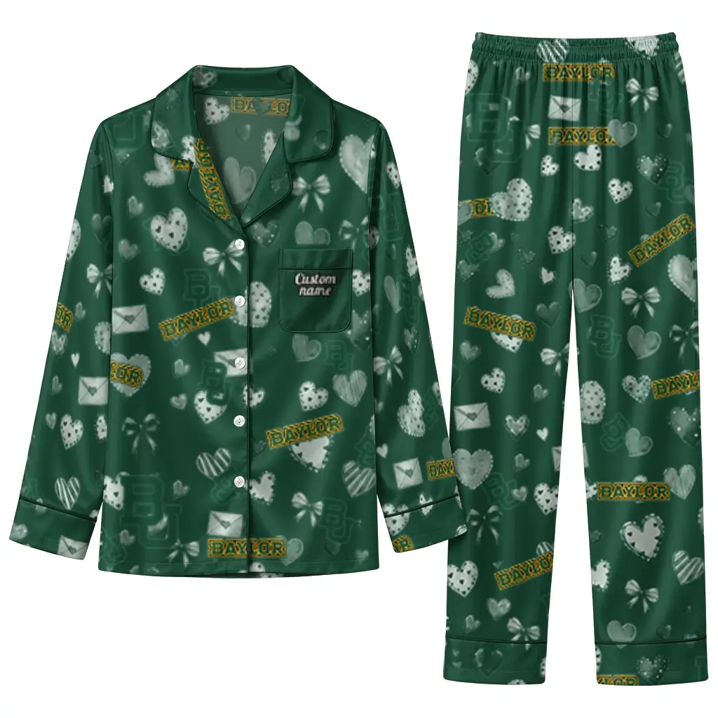 Baylor Bears Long Pajama Set Custom Heart Charms Green Best Selling Baylor Bears Long Pajama Set Custom Heart Charms Green Best Selling