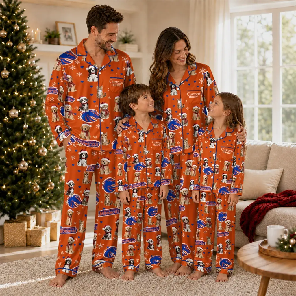 Boise State Broncos Long Pajama Set Customized Animal Scatter Orange Latest Model Boise State Broncos Long Pajama Set Customized Animal Scatter Orange Latest Model