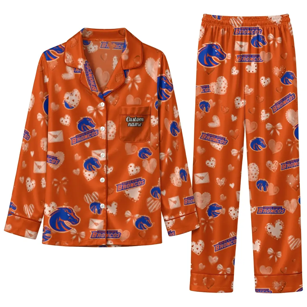 Boise State Broncos Long Pajama Set Customized Heart Charms Orange Best Selling Boise State Broncos Long Pajama Set Customized Heart Charms Orange Best Selling