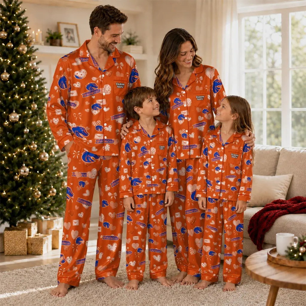 Boise State Broncos Long Pajama Set Customized Heart Charms Orange Latest Model Boise State Broncos Long Pajama Set Customized Heart Charms Orange Latest Model