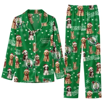 Boston Celtics Long Pajama Set Custom Animal Scatter Green Best Selling