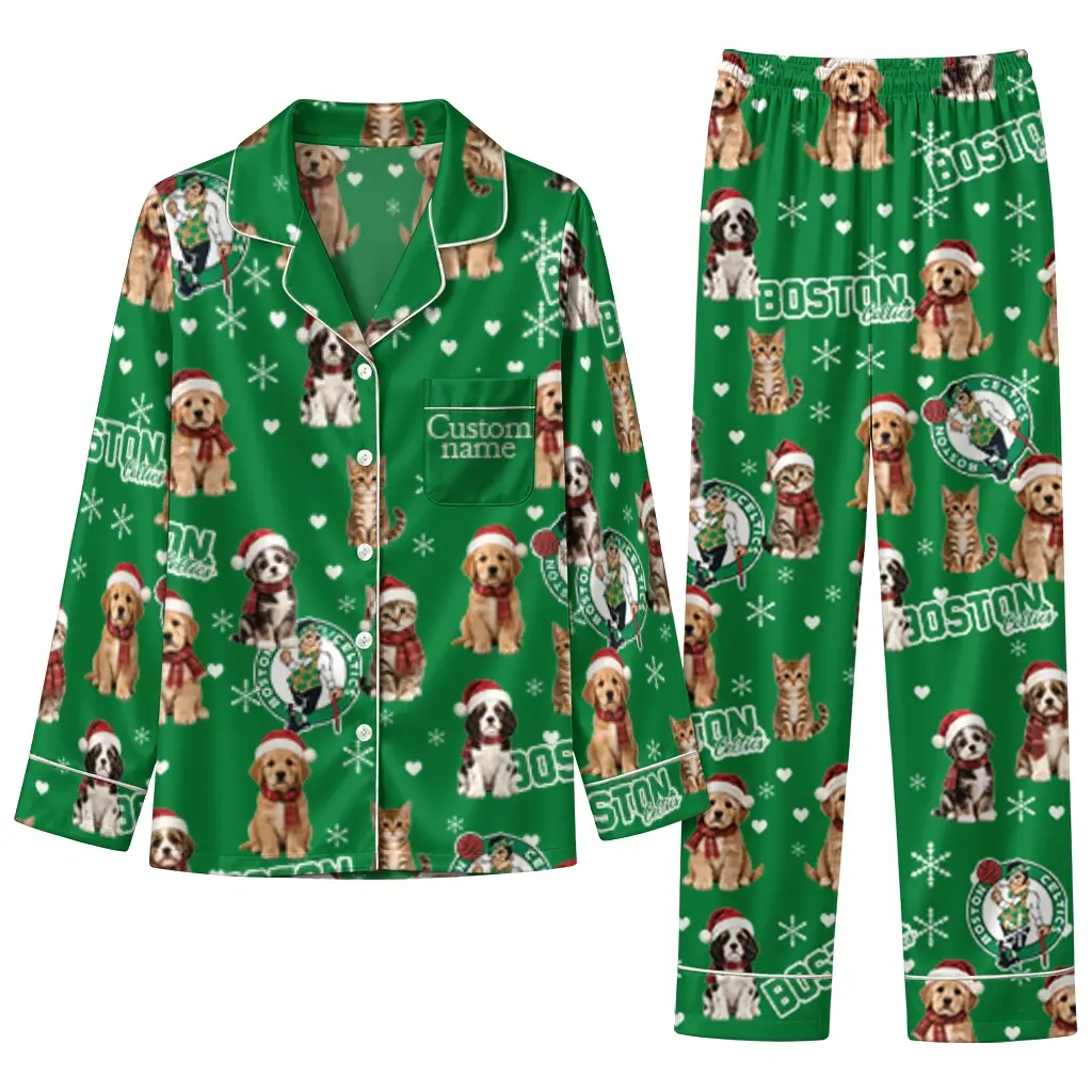 Boston Celtics Long Pajama Set Custom Animal Scatter Green Best Selling Boston Celtics Long Pajama Set Custom Animal Scatter Green Best Selling