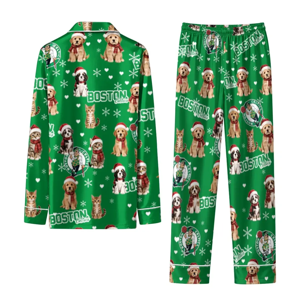 Boston Celtics Long Pajama Set Custom Animal Scatter Green Fashion Forward Boston Celtics Long Pajama Set Custom Animal Scatter Green Fashion Forward