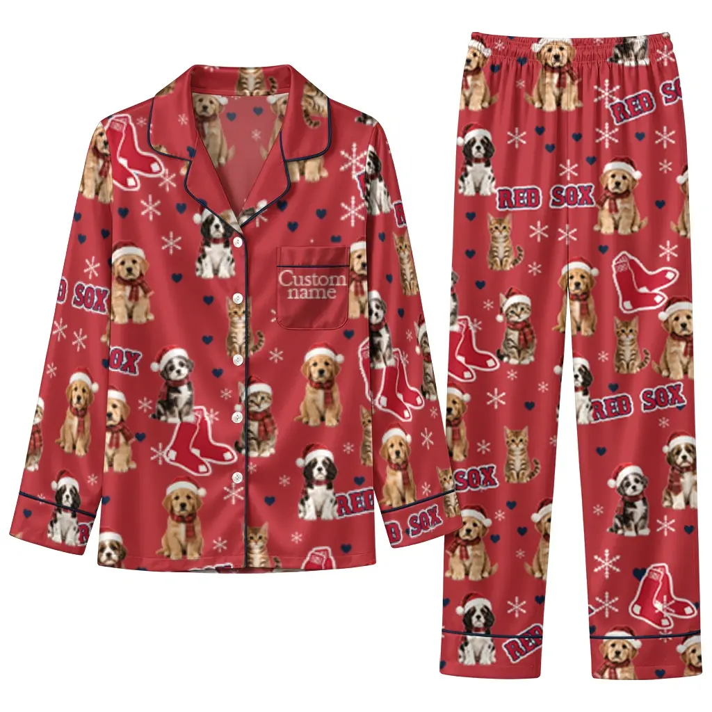 Boston Red Sox Long Pajama Set Custom Animal Scatter Red Best Selling Boston Red Sox Long Pajama Set Custom Animal Scatter Red Best Selling
