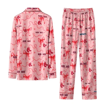 boston red sox long pajama set personalized ribbon chains red fashion forward.webp