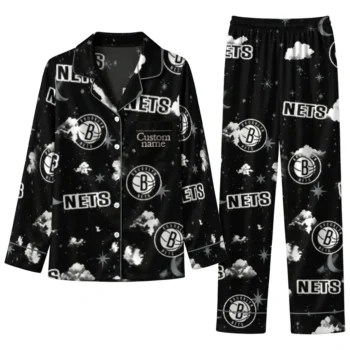 Brooklyn Nets Long Pajama Set Custom Cloud Stars Black Best Selling