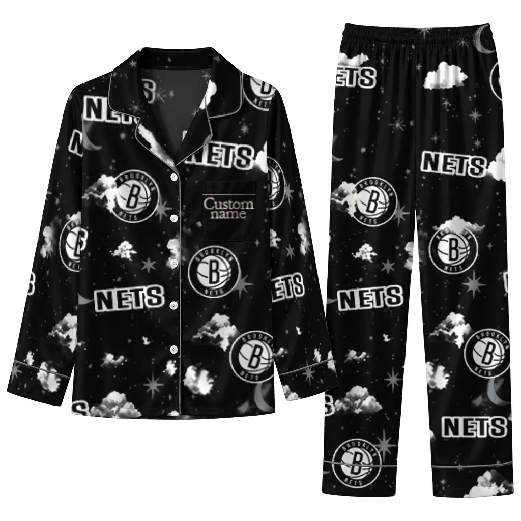 Brooklyn Nets Long Pajama Set Custom Cloud Stars Black Best Selling Brooklyn Nets Long Pajama Set Custom Cloud Stars Black Best Selling