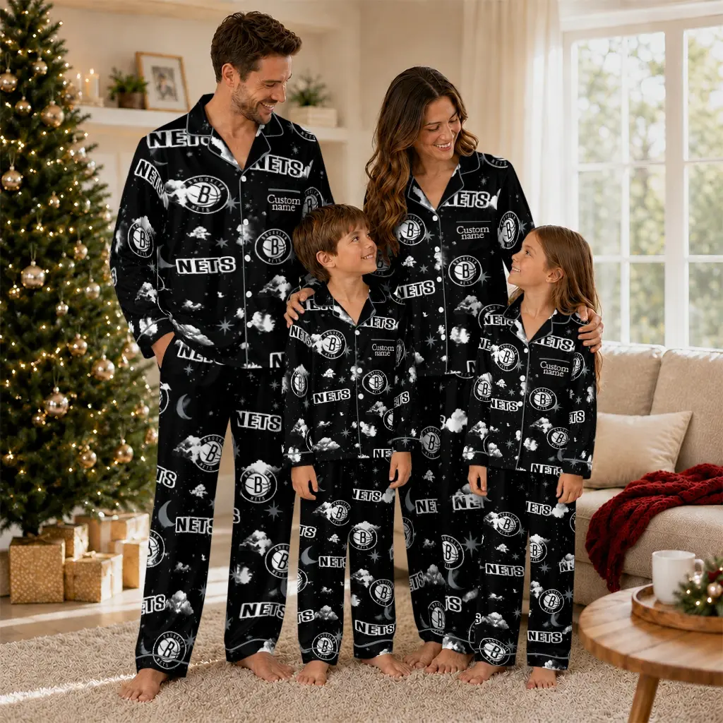 Brooklyn Nets Long Pajama Set Custom Cloud Stars Black Latest Model Brooklyn Nets Long Pajama Set Custom Cloud Stars Black Latest Model