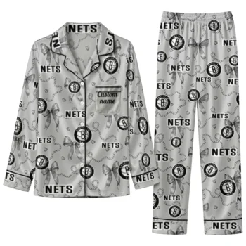 brooklyn nets long pajama set custom ribbon chains black best selling.webp