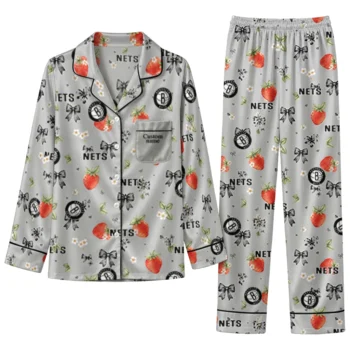 brooklyn nets long pajama set custom ribbon florals black best selling.webp