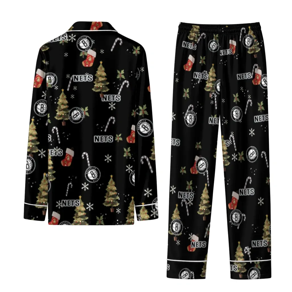 Brooklyn Nets Long Pajama Set Custom Sprig Scatter Black Fashion Forward Brooklyn Nets Long Pajama Set Custom Sprig Scatter Black Fashion Forward