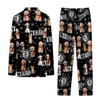 Brooklyn Nets Long Pajama Set Customized Animal Scatter Black Fashion Forward
