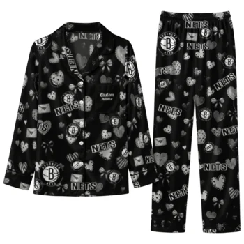 brooklyn nets long pajama set customized heart charms black best selling.webp