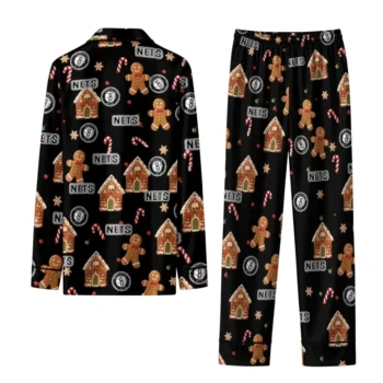 Brooklyn Nets Long Pajama Set Personalized Candy Scatter Black Fashion Forward