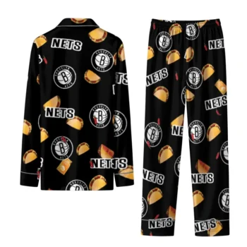 Brooklyn Nets Long Pajama Set Personalized Snack Scatter Black Fashion Forward