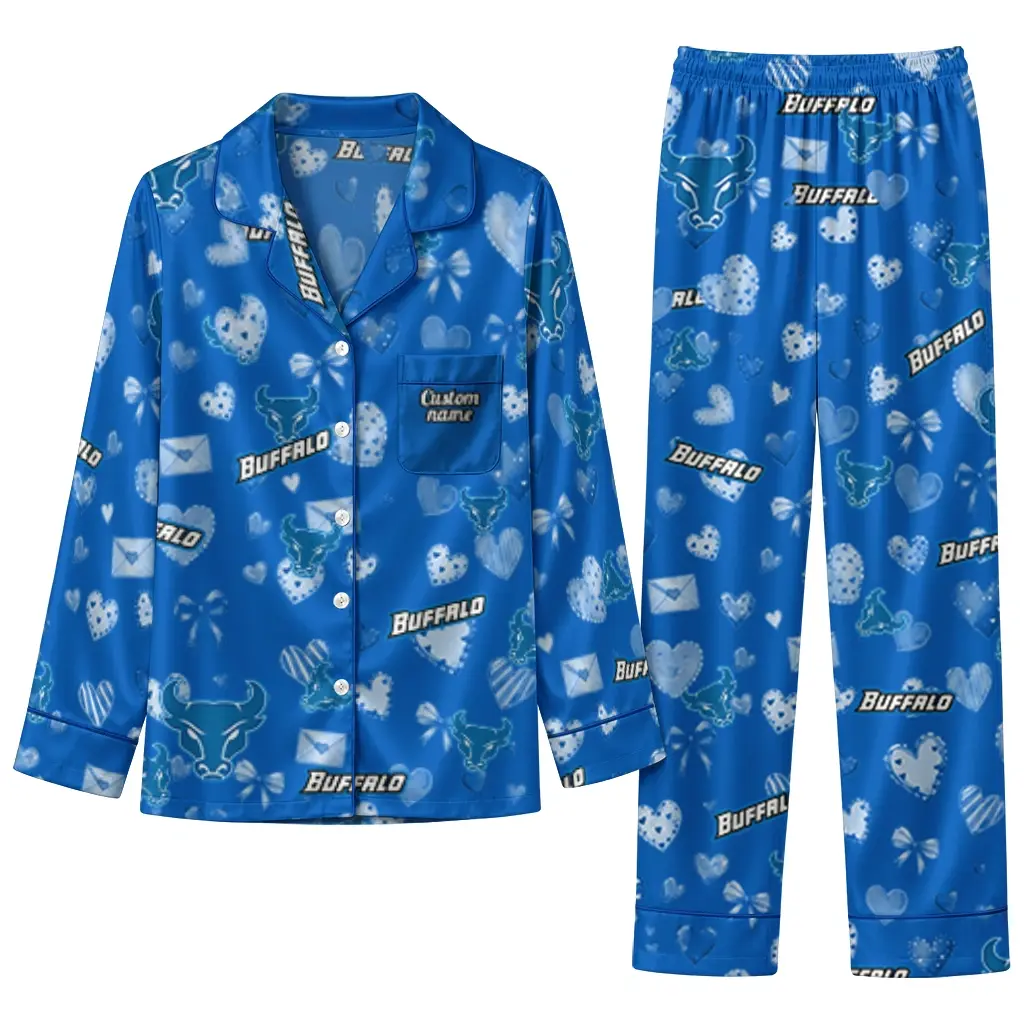 Buffalo Bulls Long Pajama Set Custom Heart Charms Royal Blue Best Selling Buffalo Bulls Long Pajama Set Custom Heart Charms Royal Blue Best Selling