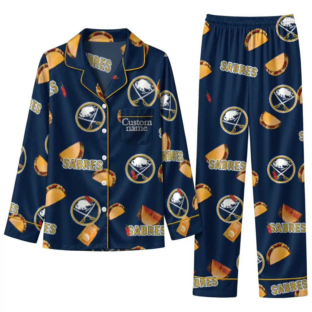 Buffalo Sabres Long Pajama Set Custom Snack Scatter Navy Blue Best Selling Buffalo Sabres Long Pajama Set Custom Snack Scatter Navy Blue Best Selling