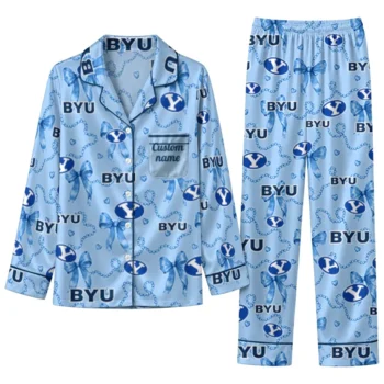 Byu Cougars Long Pajama Set Personalized Ribbon Chains Blue Best Selling