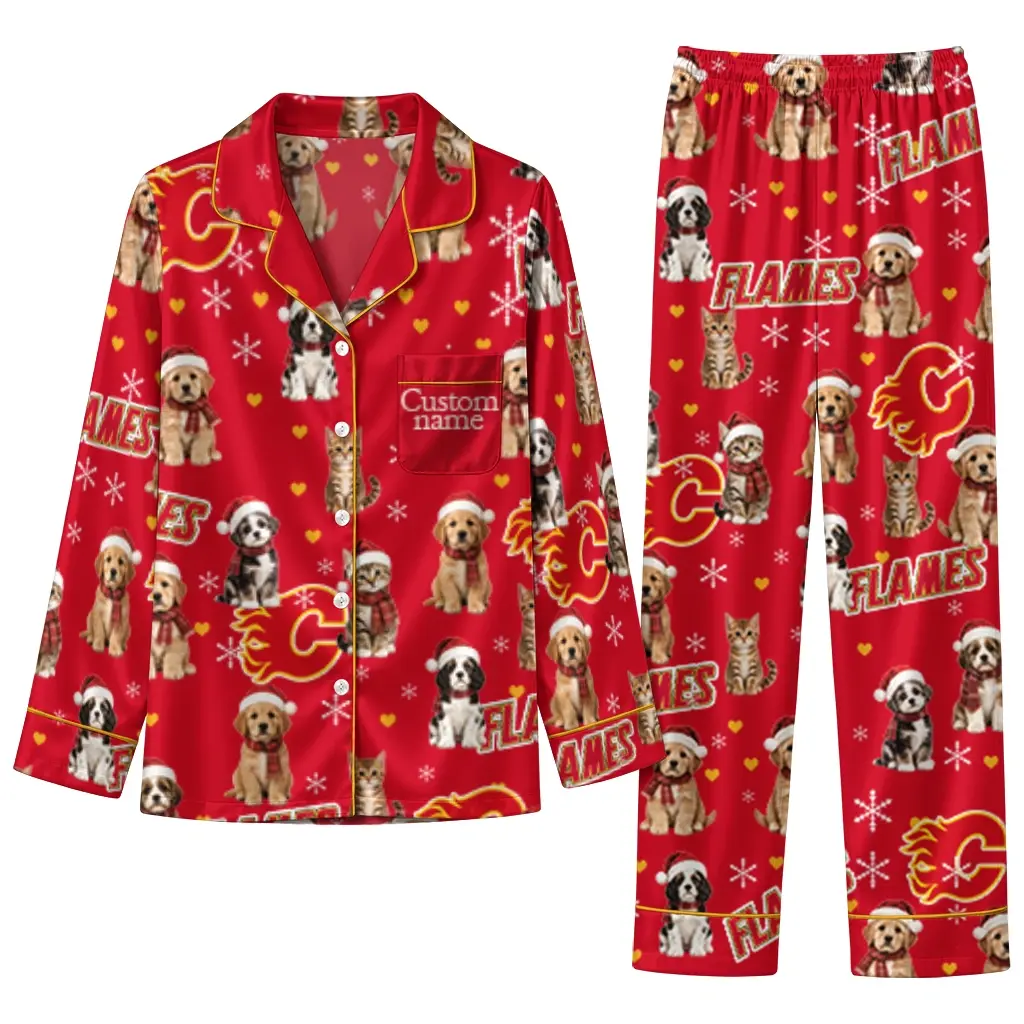 Calgary Flames Long Pajama Set Custom Animal Scatter Red Best Selling Calgary Flames Long Pajama Set Custom Animal Scatter Red Best Selling