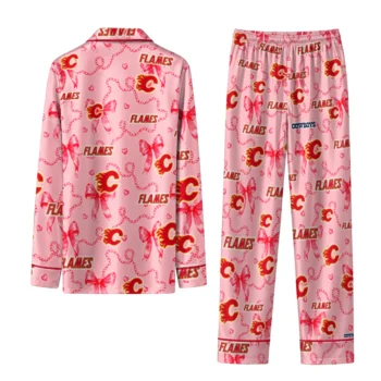 calgary flames long pajama set personalized ribbon chains red fashion forward.webp