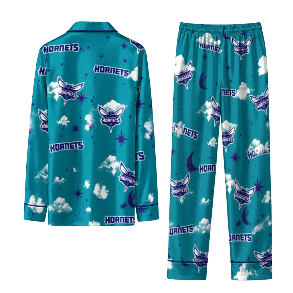 Charlotte Hornets Long Pajama Set Customized Cloud Stars Teal Fashion Forward Charlotte Hornets Long Pajama Set Customized Cloud Stars Teal Fashion Forward