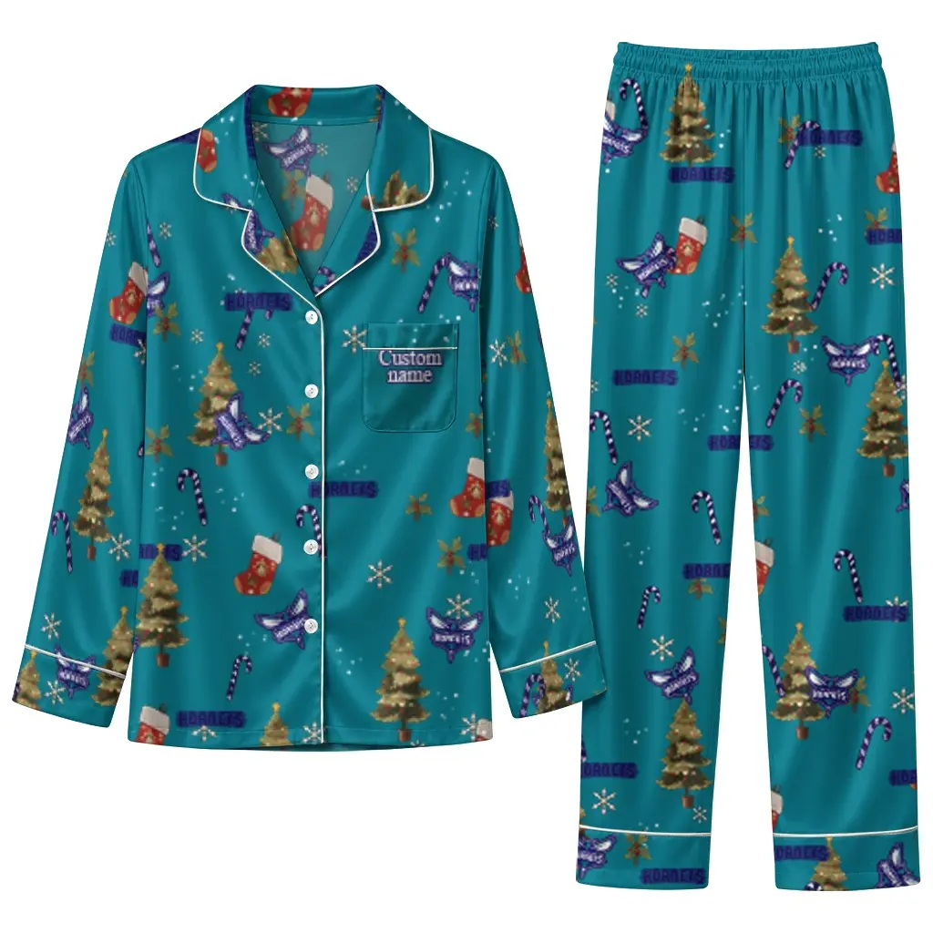 Charlotte Hornets Long Pajama Set Customized Sprig Scatter Teal Best Selling Charlotte Hornets Long Pajama Set Customized Sprig Scatter Teal Best Selling