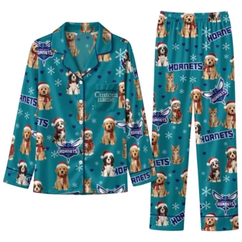 Charlotte Hornets Long Pajama Set Personalized Animal Scatter Teal Best Selling