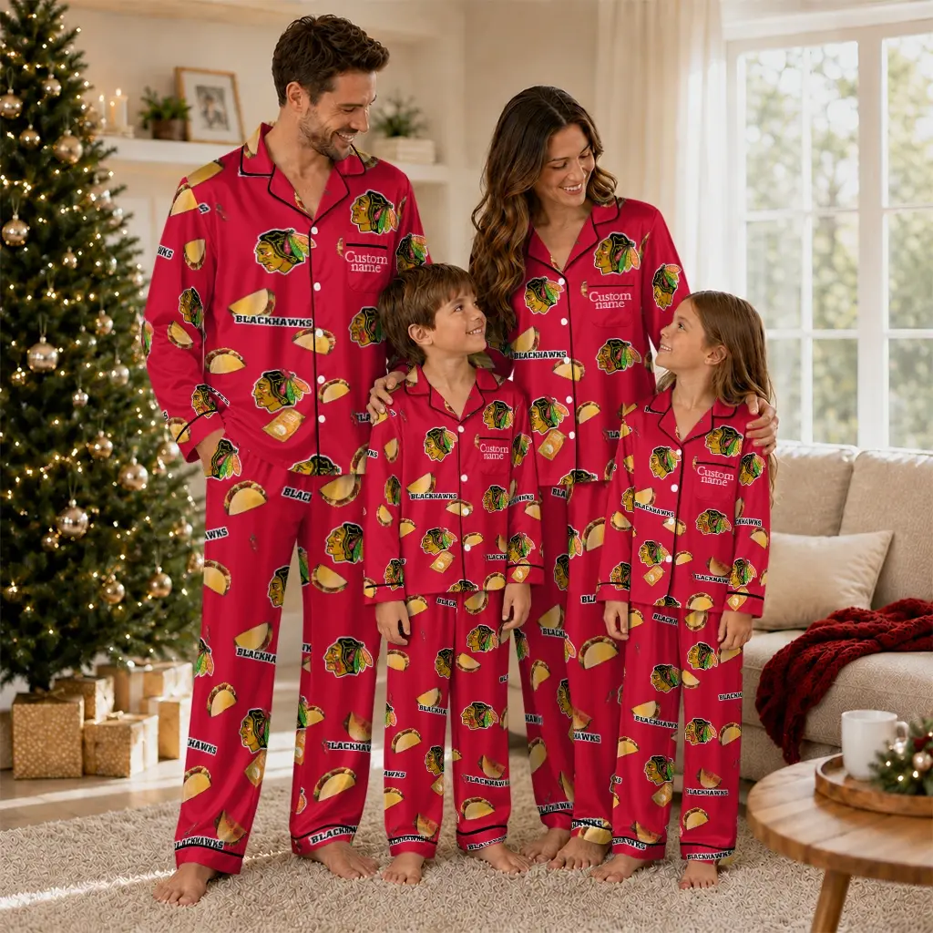 Chicago Blackhawks Long Pajama Set Custom Snack Scatter Red Latest Model Chicago Blackhawks Long Pajama Set Custom Snack Scatter Red Latest Model