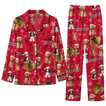 Chicago Blackhawks Long Pajama Set Personalized Animal Scatter Red Best Selling