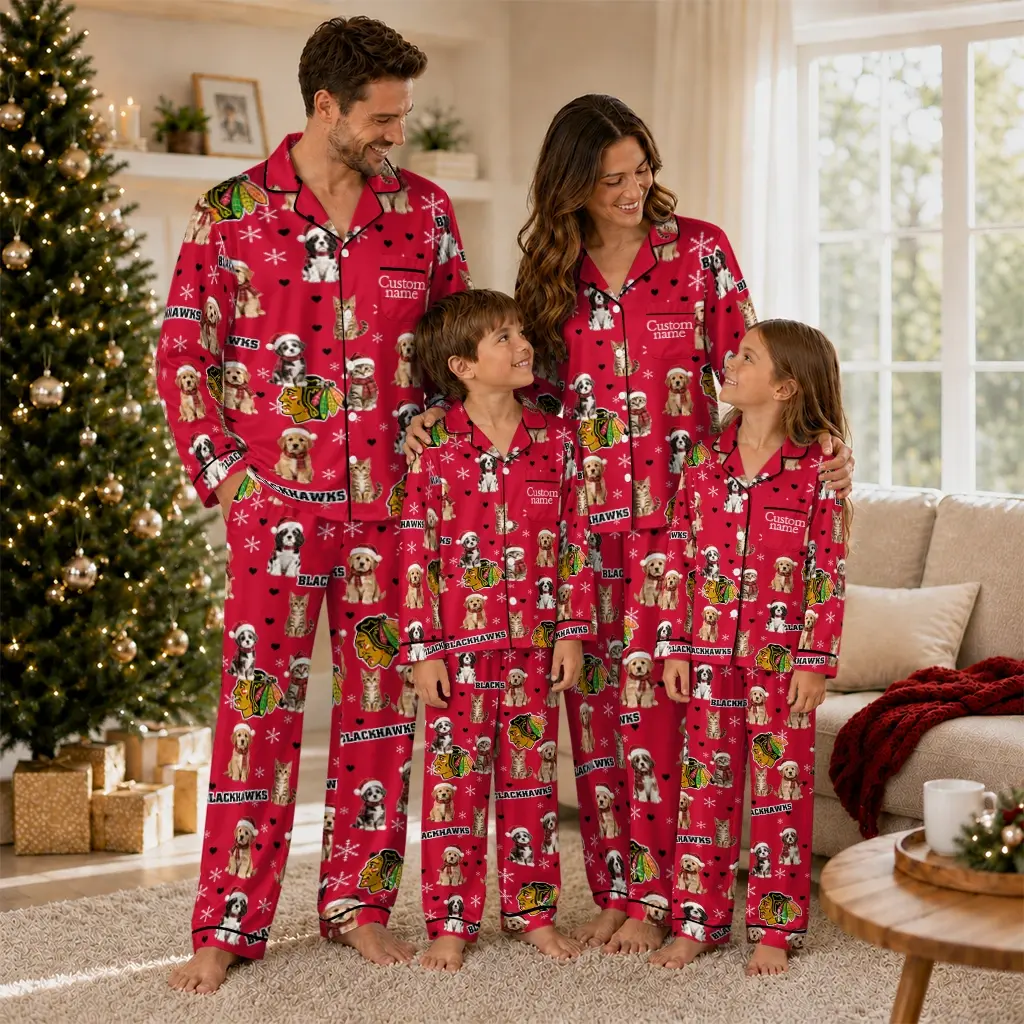Chicago Blackhawks Long Pajama Set Personalized Animal Scatter Red Latest Model Chicago Blackhawks Long Pajama Set Personalized Animal Scatter Red Latest Model