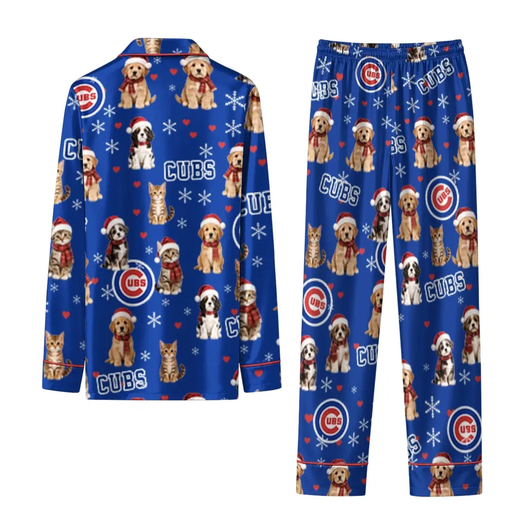 Chicago Cubs Long Pajama Set Customized Animal Scatter Blue Fashion Forward Chicago Cubs Long Pajama Set Customized Animal Scatter Blue Fashion Forward
