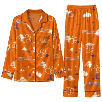 Clemson Tigers Long Pajama Set Personalized Cloud Stars Orange Best Selling